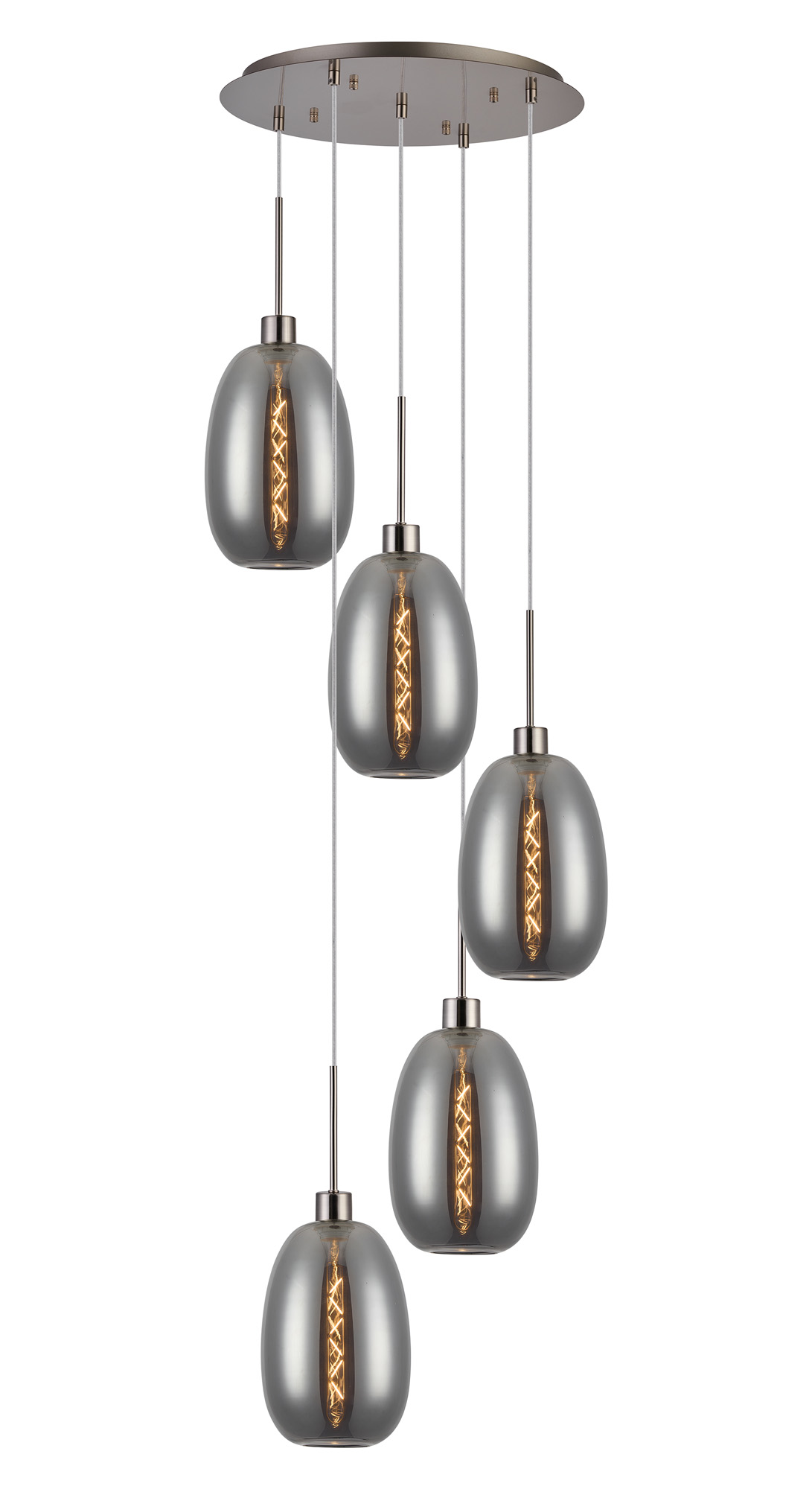 DK1378  Lori 45cm Round Pendant, 5 Light Adjustable E27, Satin Nickel/Smoke Slim Curved Trapezium Shades